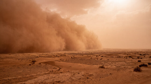 Massive sandstorm sweeping across a barren desert landscape with orange dusty sky and strong winds