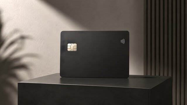 Black contactless credit card with chip on dark pedestal against textured wall with dramatic shadow overlay