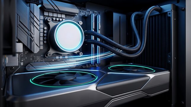 High performance gaming computer internal components featuring liquid cooling system with glowing led lights and powerful graphics card mounted inside modern black desktop pc case enclosure
