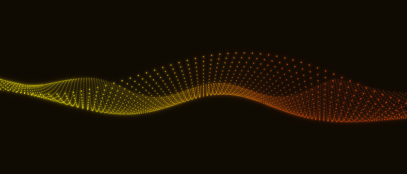 Abstract flowing wave of glowing orange and yellow particles on dark backdrop for digital data visualization motion design.