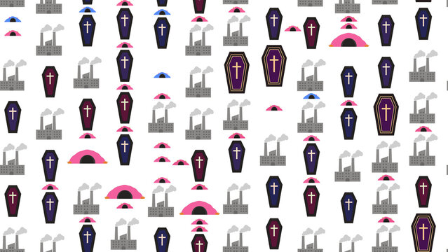 Seamless pattern of coffins, factories, and tents