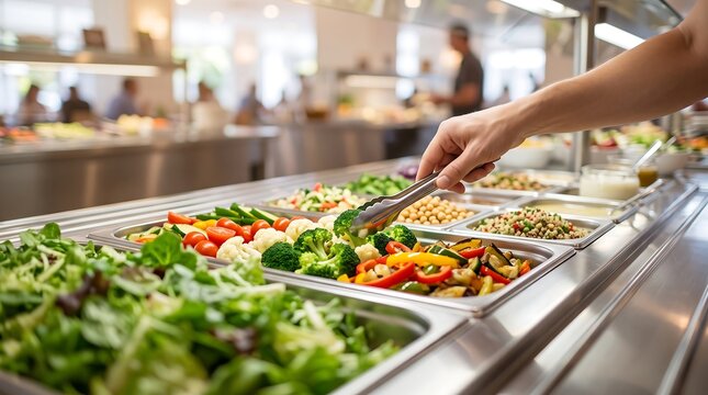 Person serving fresh broccoli with tongs at hotel salad bar buffet featuring variety of healthy vegetables and greens in stainless steel pans for morning breakfast service setting