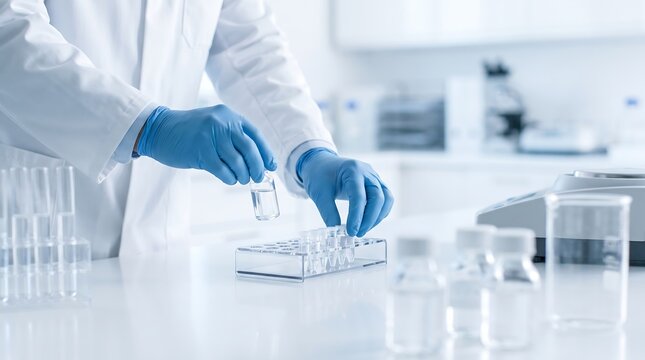 Researcher wearing blue protective gloves placing small glass vials into a rack during chemical testing in a modern laboratory for pharmaceutical research and development processes