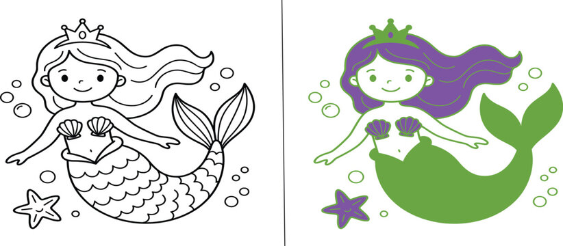 Cute mermaid princess with crown coloring page for kids