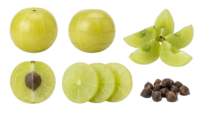 The image showcases a collection of fresh green amla fruits in various stages of preparation, including whole fruits, sliced segments, and seeds, highlighting their juicy and vibrant appearance