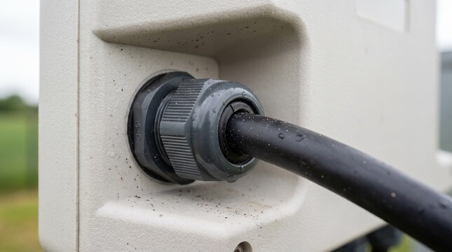 Waterproof plastic cable gland and electrical wire connector, strain relief fitting (cord grip) installed on an outdoor junction box enclosure.