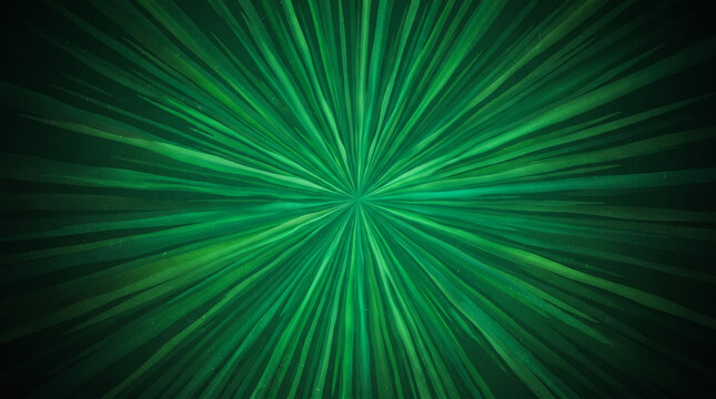 Abstract green light rays radiating from center in a dark background