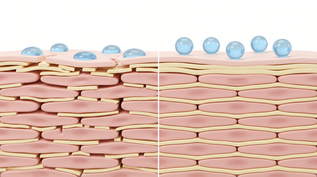 Dry skin and hydrated skin ceramide skincare moisture barrier water retention healthy skin dermatology hydration cross section comparison smooth texture protection illustration