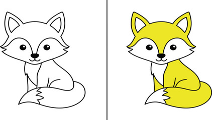 Fototapeta premium Cute sitting fox coloring page with colored example for kids