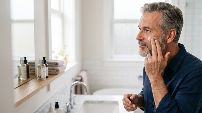 Mature man skincare routine applying facial cream in bright bathroom healthy aging self care grooming reflection in mirror relaxed expression morning light