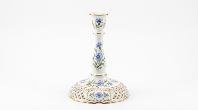 Vintage porcelain candlestick holder, elegant ceramic floral candle stand, antique white and blue table decor isolated PNG with Transparent Background
