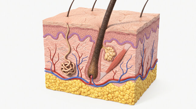 Human skin cross section showing epidermis dermis hypodermis hair follicle sweat gland sebaceous gland blood vessel nerve and connective tissue in detailed medical illustration
