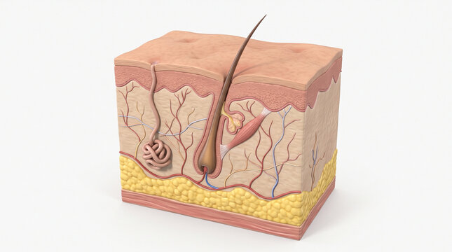 Human skin cross section showing epidermis dermis hypodermis hair follicle sweat gland nerve blood vessel and fat layer in detailed medical illustration