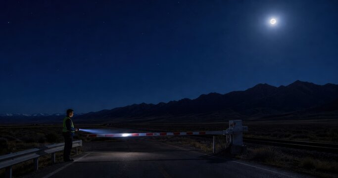 Rail Crossing Inspection - Inspector Checking Gate Reflectivity at Rural Level Intersection at Night