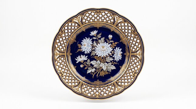 Vintage porcelain decorative plate with gold reticulated border, antique cobalt blue floral dish, elegant ceramic tableware for home decor isolated PNG with Transparent Background