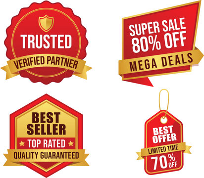 Set of red and gold sale badges, labels, and tags vector illustration