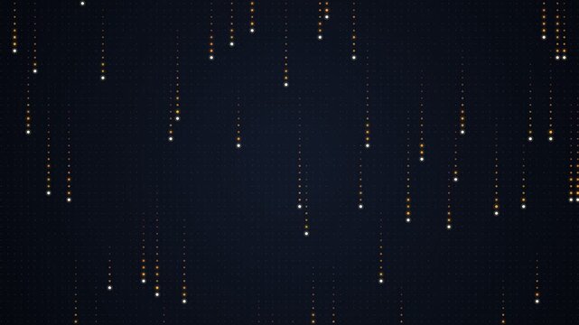 Golden particles falling like digital rain on dark background