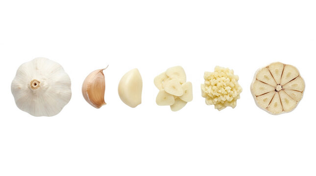 A sequential display of garlic in various forms, showcasing the whole bulb, individual cloves, sliced pieces, and minced garlic, set against a black background to emphasize their texture and shapes