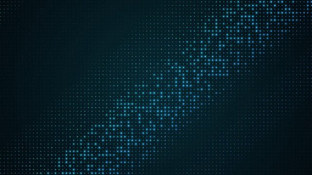 Digital blue led light particles move diagonally on dark background