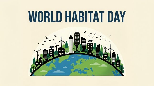 World habitat day concept with sustainable city skyline on globe