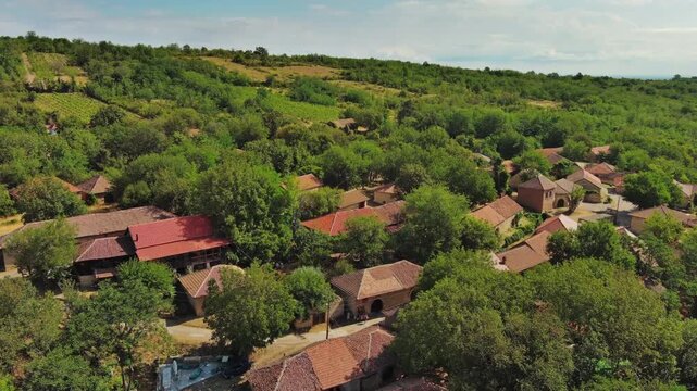 Aerial view of old rustic vintage houses with wine cellars in Rogljevacke pivnice in Negotin region of Serbia, 4k