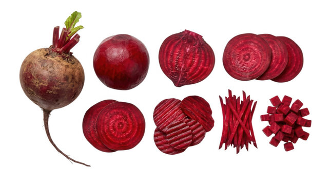 A vibrant collection of beets arranged creatively on a black background, showcasing whole, sliced, and diced beets in various shapes and sizes, highlighting their rich, deep red color