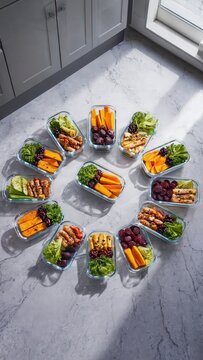 Circular arrangement of healthy meal prep boxes