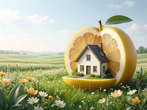 Expansive abstract field made from a tiny original house nested inside a translucent cut fruit, with its physical process or state transition clearly visible for home, nature and imaginative living