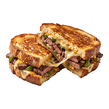 Delicious grilled steak and cheese sandwich with melted cheese transparent background