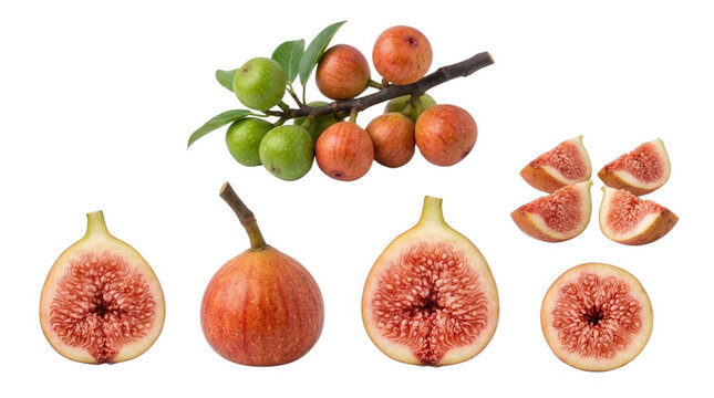 A visually striking arrangement of figs and their cross-sections showcases the unique texture and color of the fruit, with both ripe and unripe figs presented against a contrasting black background