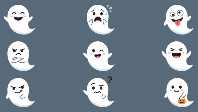 Set of cute ghost characters with various expressions and emotions for halloween