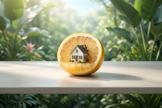 Single refined visual metaphor using a tiny original house nested inside a translucent cut fruit, with its physical process or state transition clearly visible for home, nature and imaginative living