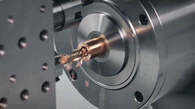 Close-up of a CNC lathe machining a brass part inside a precision metalworking workshop, showing fine detail of the cutting process.