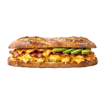 Delicious breakfast baguette sandwich filled with bacon eggs cheese and avocado transparent background