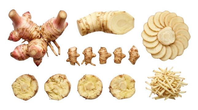 A beautifully arranged collection of fresh ginger root in various forms, including whole roots, sliced sections, and julienned pieces, on a black background highlighting its unique features and textur