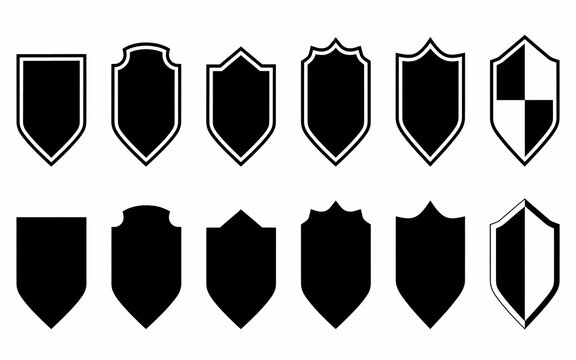 Set of twelve black and white shield icons featuring various geometric shapes and outlines for security, protection, and badge emblems