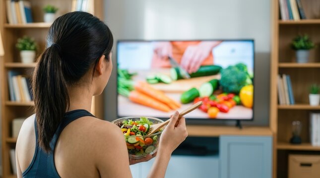 Healthy woman enjoying a vegetable salad and watching a cooking program for wellness.