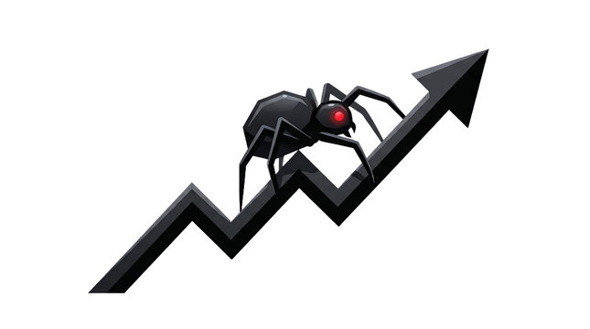 Black spider with red eyes on a 3D arrow graph with transparent background PNG