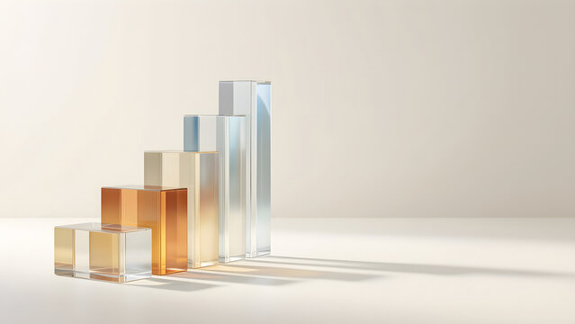 Layered information-free system of ascending translucent prism bars with no markings, reduced to an adaptable high-clarity campaign composition for growth, analytics and business momentum; digital