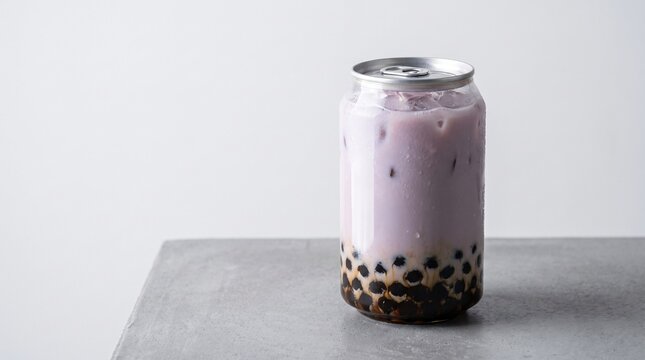 Chilled pastel purple taro bubble milk tea with chewy black tapioca pearls in modern clear pull tab beverage can on light grey concrete surface for contemporary Asian street cafe drink marketing