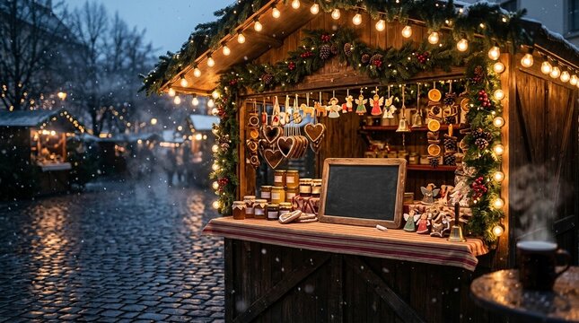 Cozy Christmas market stall decorated with lights and festive items  