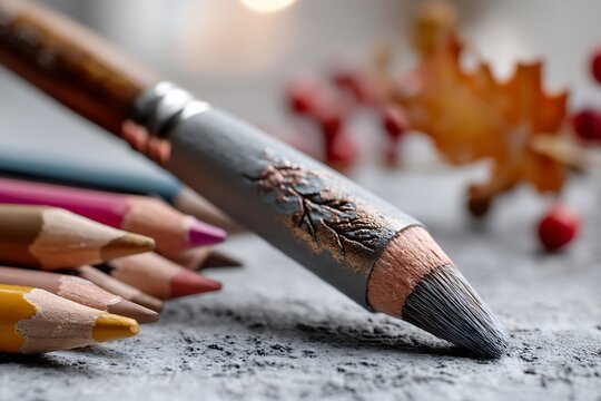 Close-up of a paintbrush and colored pencils resting on a textured surface, with an autumn-themed blurred background adding warmth to the composition.