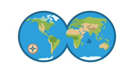 Obraz premium World map illustration displayed within a binocular shape on a white background