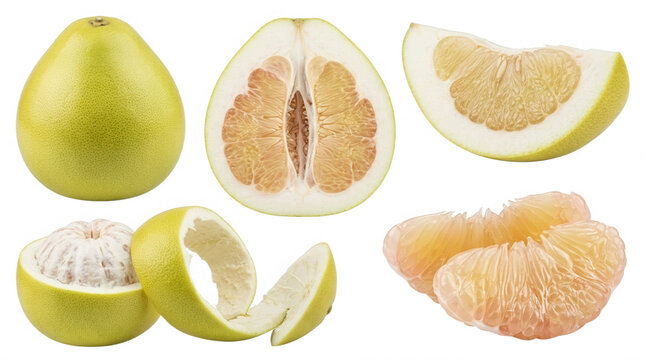  A detailed composition showcasing the unique features of a pomelo fruit, including whole, sliced, and sectioned varieties, highlighting the diverse textures and colors of the pulp and peel against a 