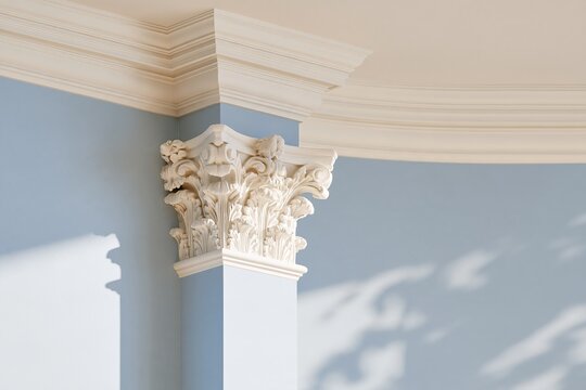 Ornate white crown moulding and carved pilaster capital against a blue wall with sunlight and shadows in a classic interior architectural detail