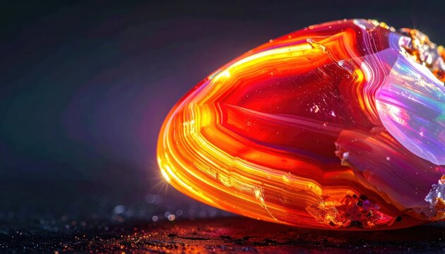 Macro shot of a glowing translucent orange gemstone.