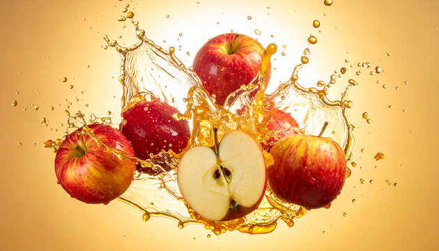 Colorful fruit with explosive liquid splash effect on dark surface. Flat lay top view design with blank space for text.