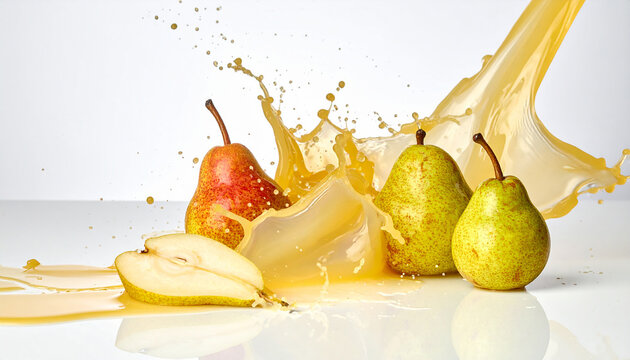 Colorful fruit with explosive liquid splash effect on dark surface. Flat lay top view design with blank space for text.