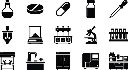 Set of medical and laboratory equipment icons for science research and pharmaceutical industry application usage © Jahida
