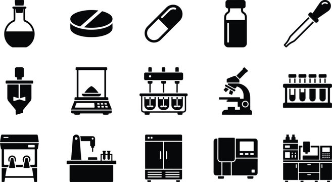 Set of medical and laboratory equipment icons for science research and pharmaceutical industry application usage